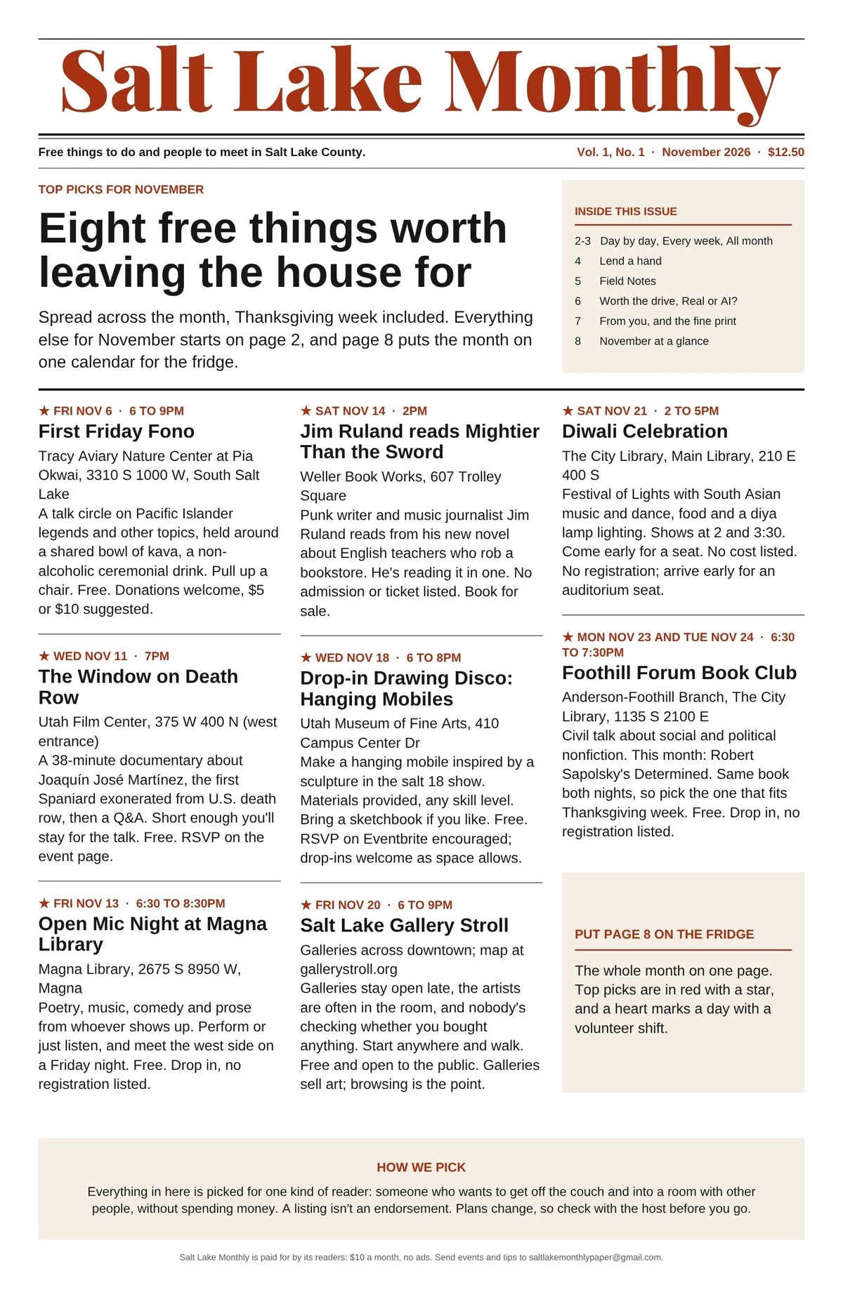 Front page of Salt Lake Monthly Issue 1, November 2026, with eight top picks for the month